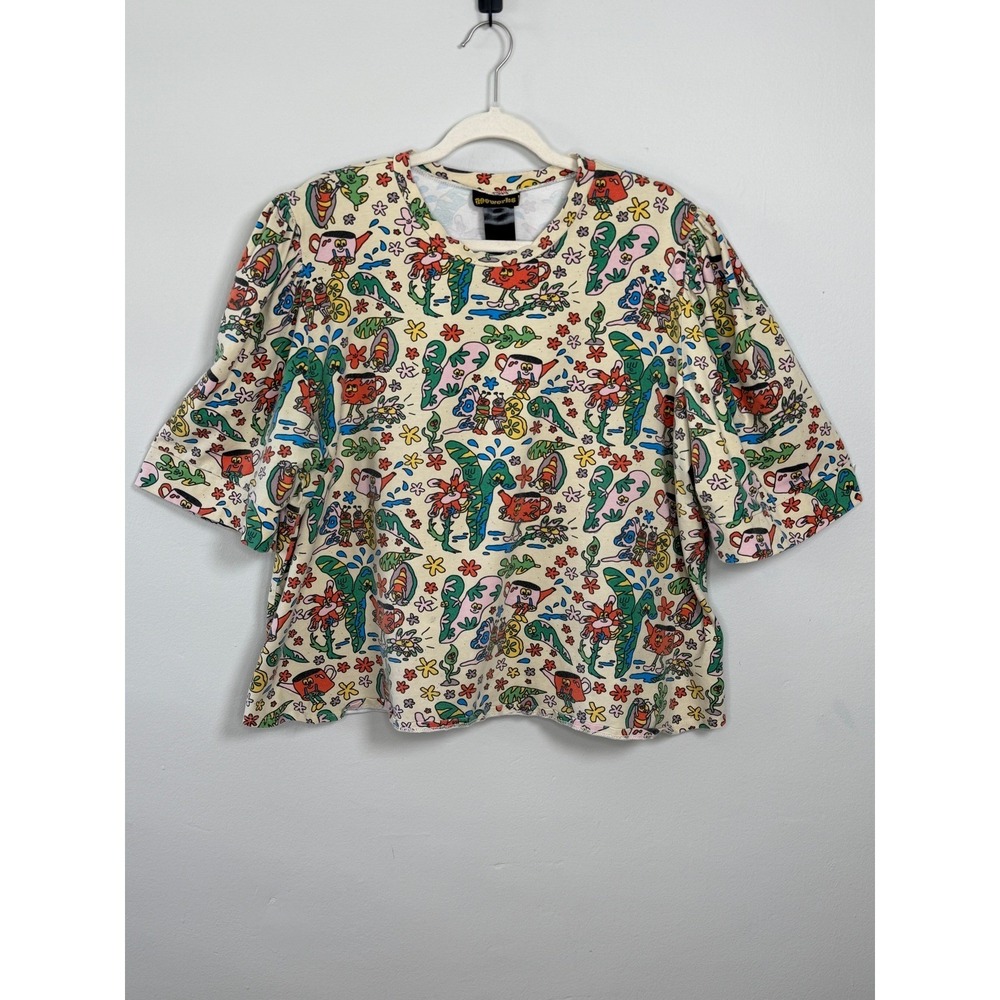 NOOWORKS Puff Sleeve Top Women 5X Tan Colorful Cartooncore Indie Art
